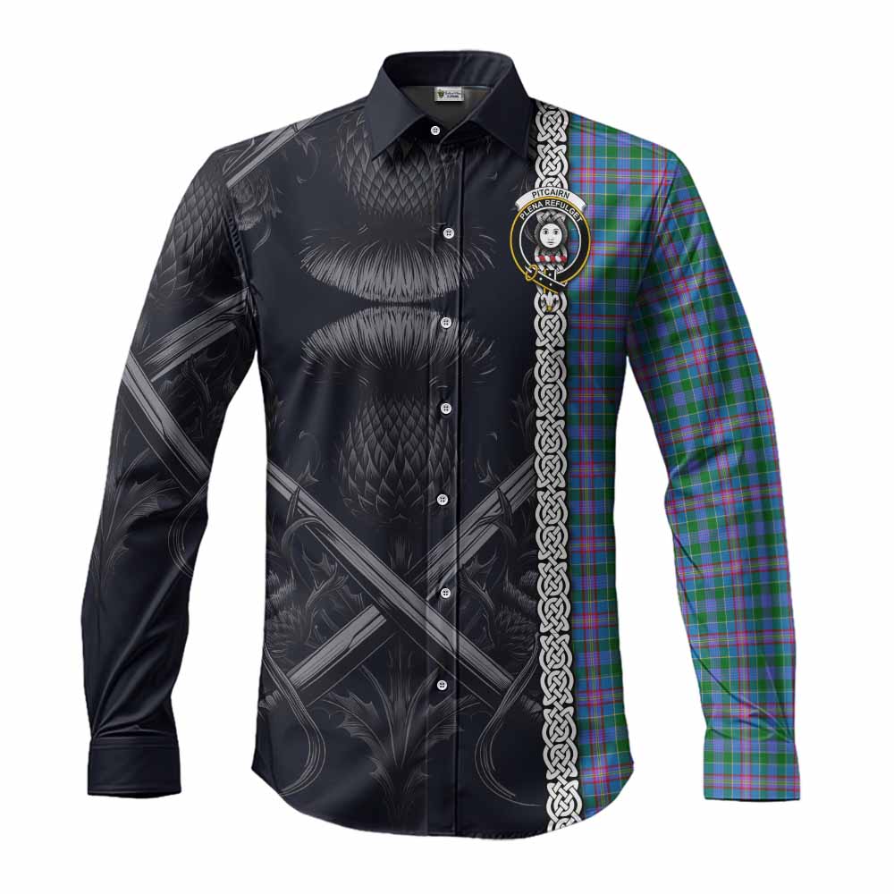 Tartan Vibes Clothing Pitcairn Tartan Long Sleeve Button Shirt with Family Crest Cross Sword Thistle Celtic Vibes