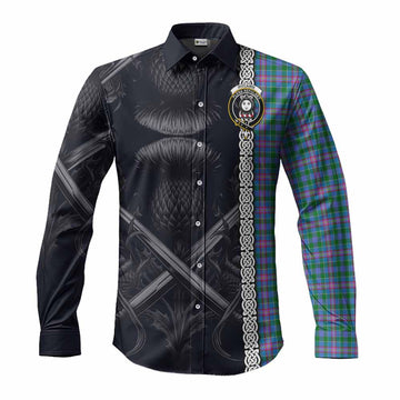 Tartan Vibes Clothing Pitcairn Tartan Long Sleeve Button Shirt with Family Crest Cross Sword Thistle Celtic Vibes
