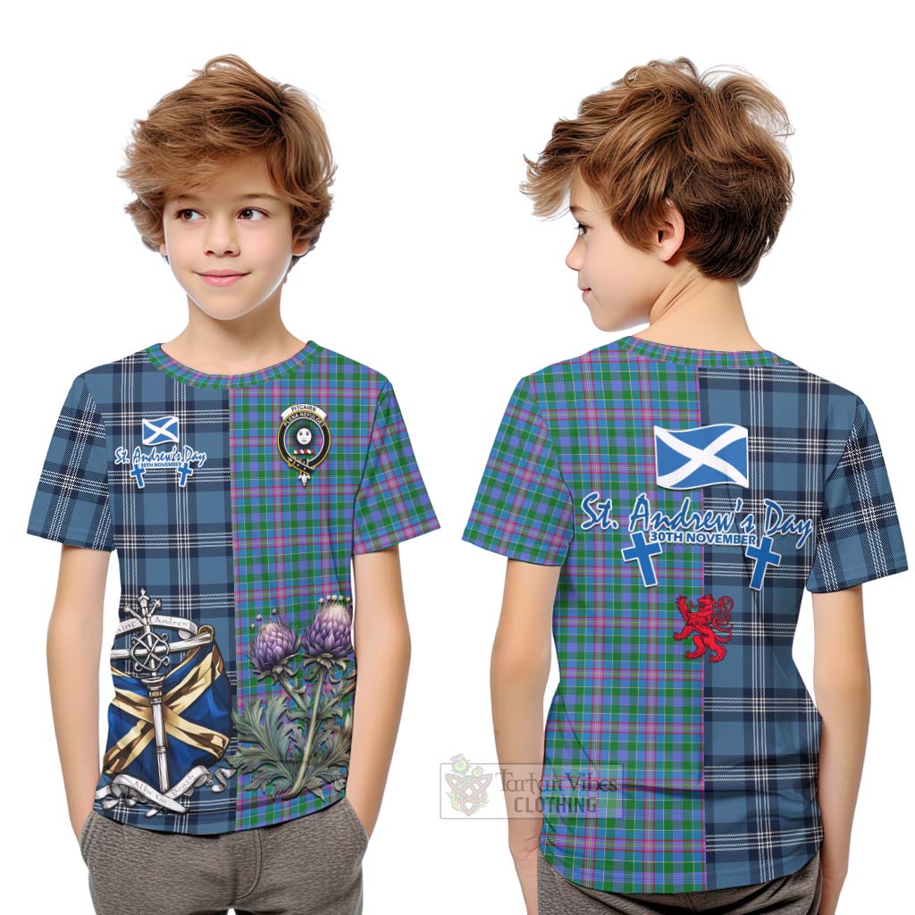 Pitcairn Tartan Kid T-Shirt Happy St. Andrew's Day Half Tartan Style Youth XL Size14 - Tartan Vibes Clothing