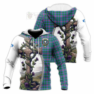 Pitcairn Tartan Knitted Hoodie with Family Crest and St. Andrew's Cross Accented by Thistle Vines Unisex Knitted Pullover Hoodie - Tartan Vibes Clothing