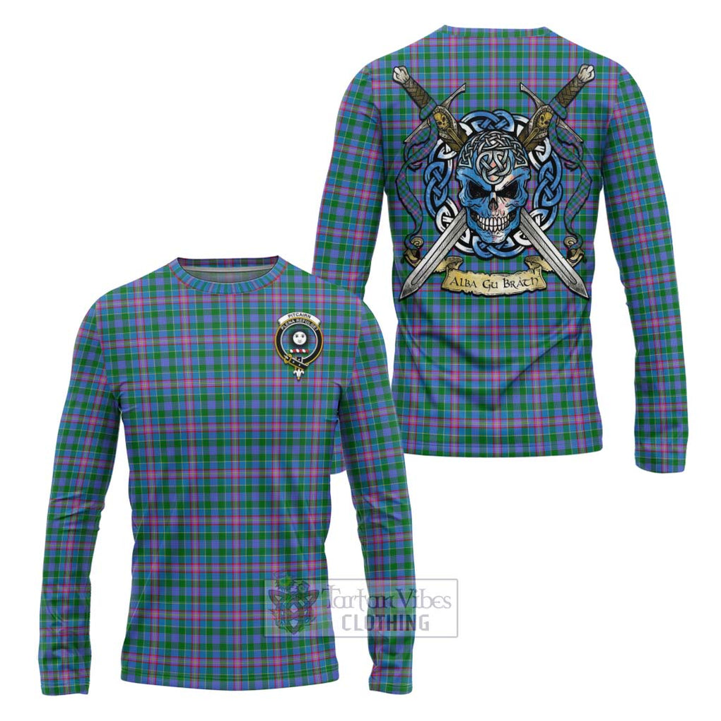 Pitcairn Tartan Long Sleeve T-Shirt with Family Crest Celtic Skull Style Unisex - Tartan Vibes Clothing