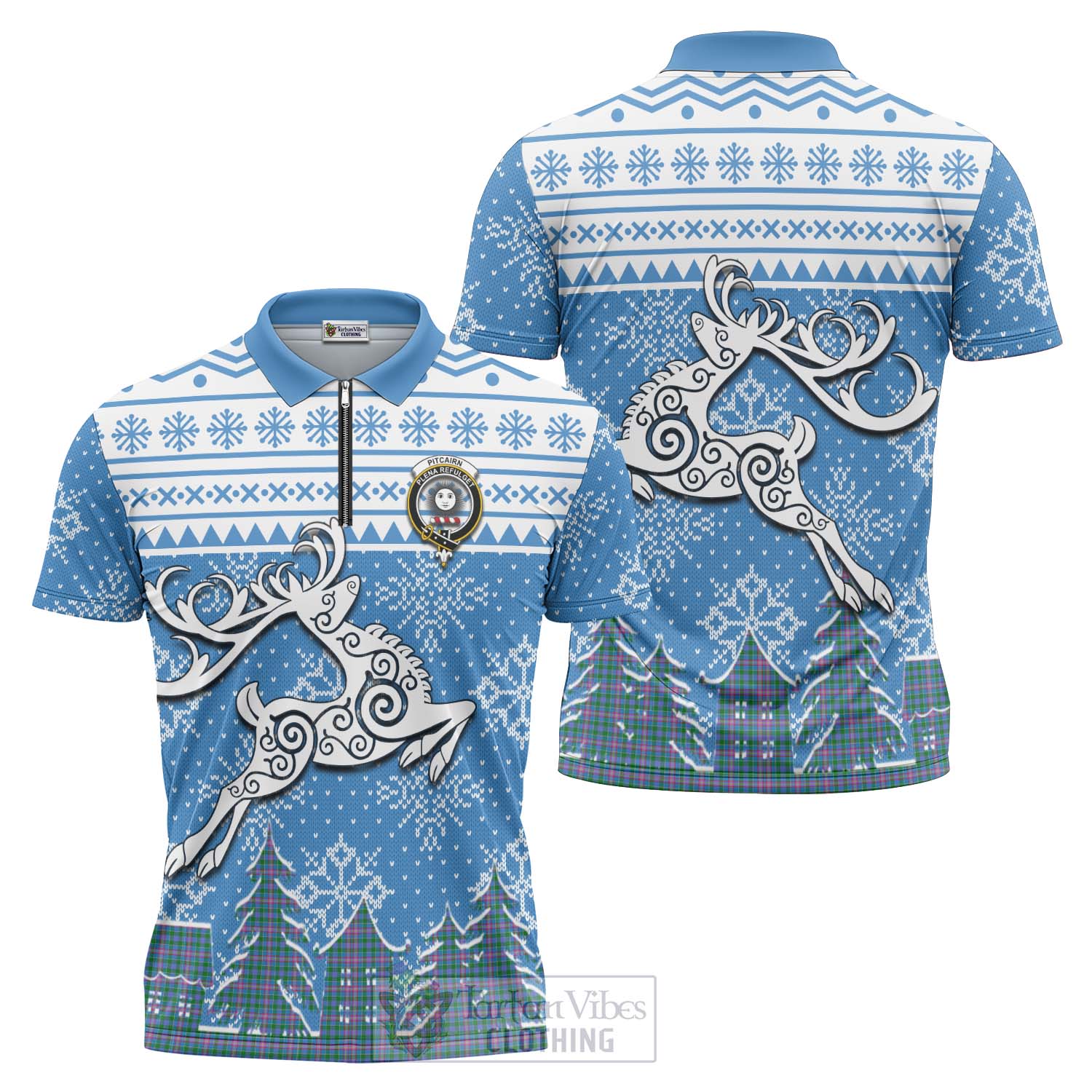 Pitcairn Clan Christmas Zipper Polo Shirt Celtic Reindeer Style Unisex - Tartan Vibes Clothing