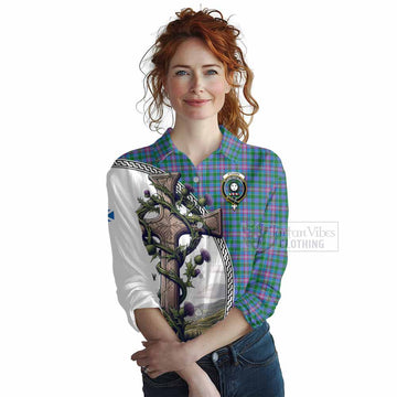 Pitcairn Tartan Women's Casual Shirt with Family Crest and St. Andrew's Cross Accented by Thistle Vines Female - Tartan Vibes Clothing