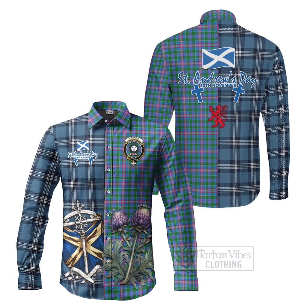 Pitcairn Tartan Long Sleeve Button Shirt Happy St. Andrew's Day Half Tartan Style Men's Shirt S - Tartan Vibes Clothing