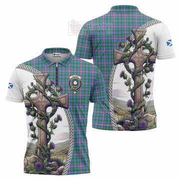 Pitcairn Tartan Zipper Polo Shirt with Family Crest and St. Andrew's Cross Accented by Thistle Vines Unisex - Tartan Vibes Clothing