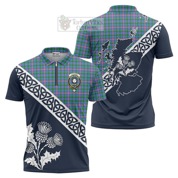 Pitcairn Tartan Zipper Polo Shirt Featuring Thistle and Scotland Map Unisex - Tartanvibesclothing Store