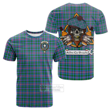 Pitcairn Tartan Cotton T-shirt with Family Crest and Bearded Skull Holding Bottles of Whiskey Kid's Shirt - Tartan Vibes Clothing