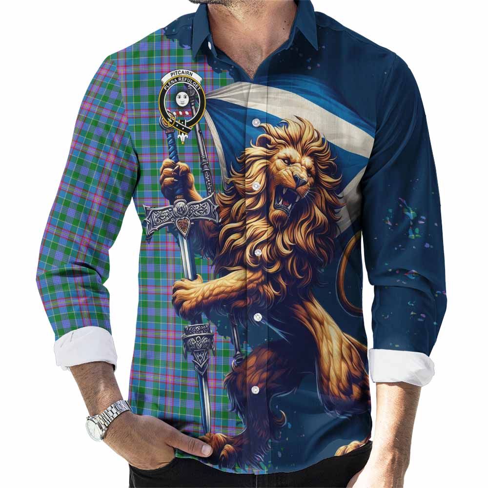 Pitcairn Tartan Family Crest Long Sleeve Button Shirt with Scottish Majestic Lion Men's Shirt S - Tartan Vibes Clothing