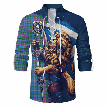 Pitcairn Tartan Family Crest Ghillie Kilt Shirt with Scottish Majestic Lion Men - Tartan Vibes Clothing