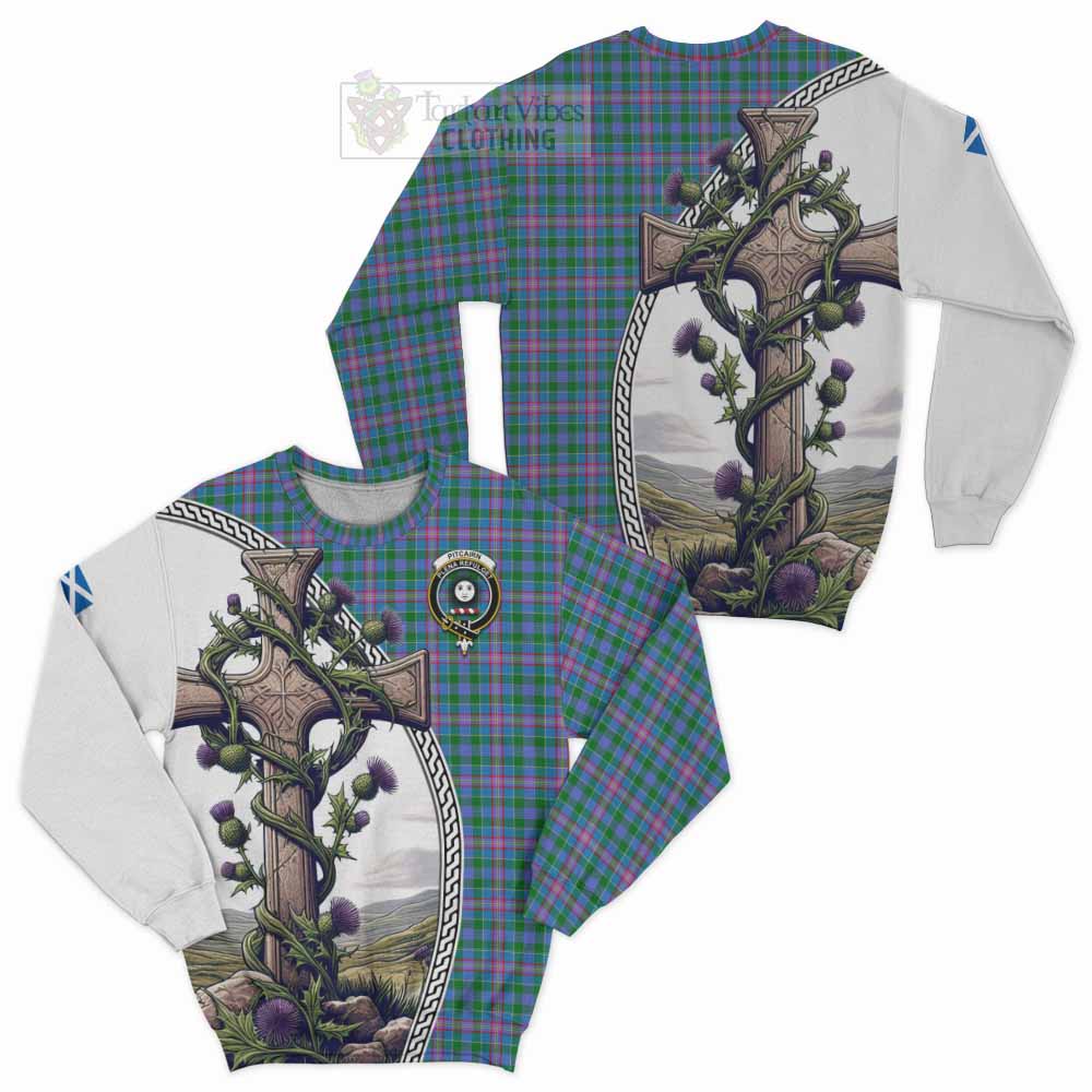 Pitcairn Tartan Sweatshirt with Family Crest and St. Andrew's Cross Accented by Thistle Vines Unisex - Tartan Vibes Clothing
