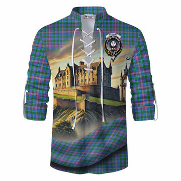 Pitcairn Tartan Family Crest Ghillie Kilt Shirt with Scottish Ancient Castle Style Men - Tartan Vibes Clothing