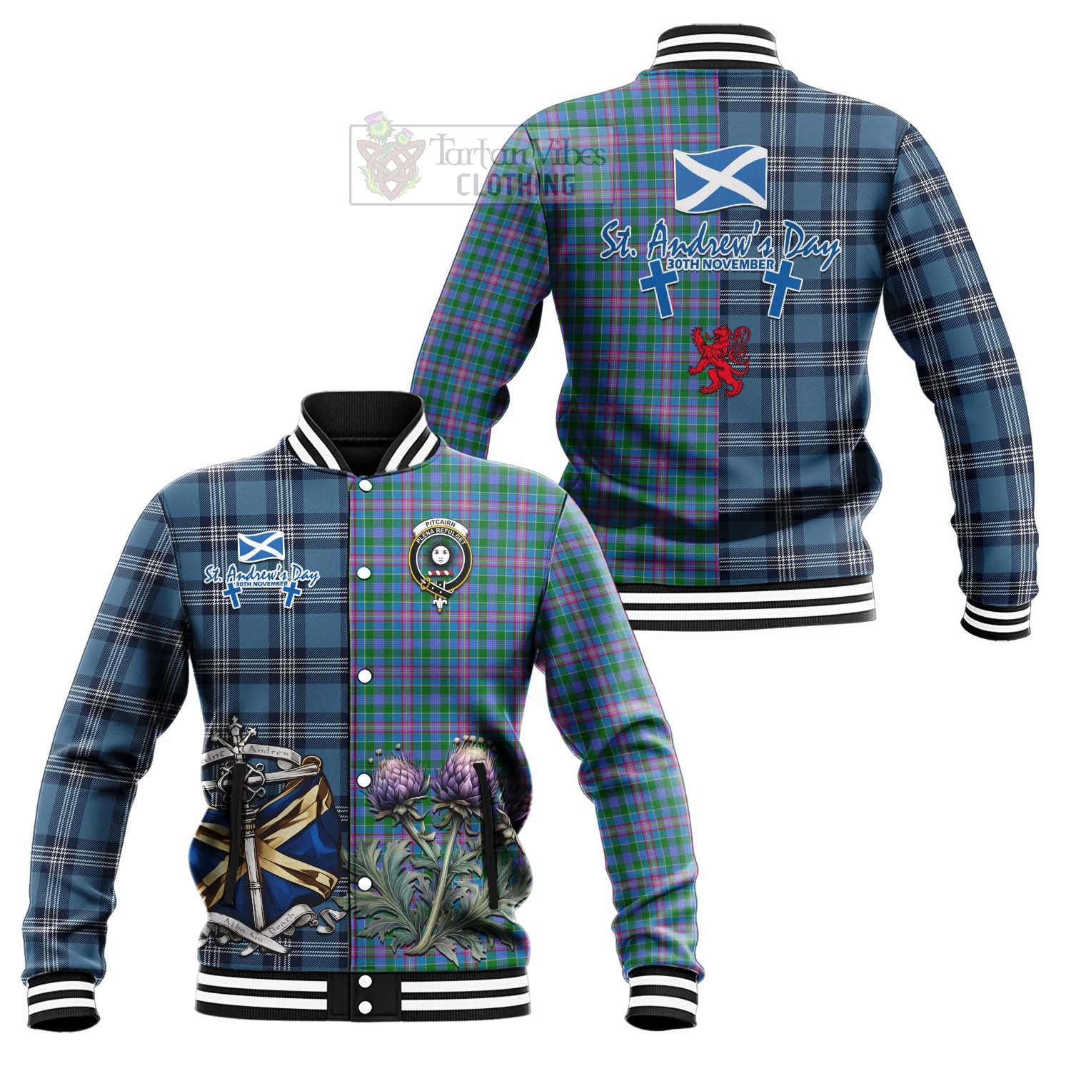Pitcairn Tartan Baseball Jacket Happy St. Andrew's Day Half Tartan Style Unisex - Tartan Vibes Clothing