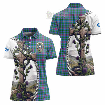 Pitcairn Tartan Women's Polo Shirt with Family Crest and St. Andrew's Cross Accented by Thistle Vines Women - Tartan Vibes Clothing