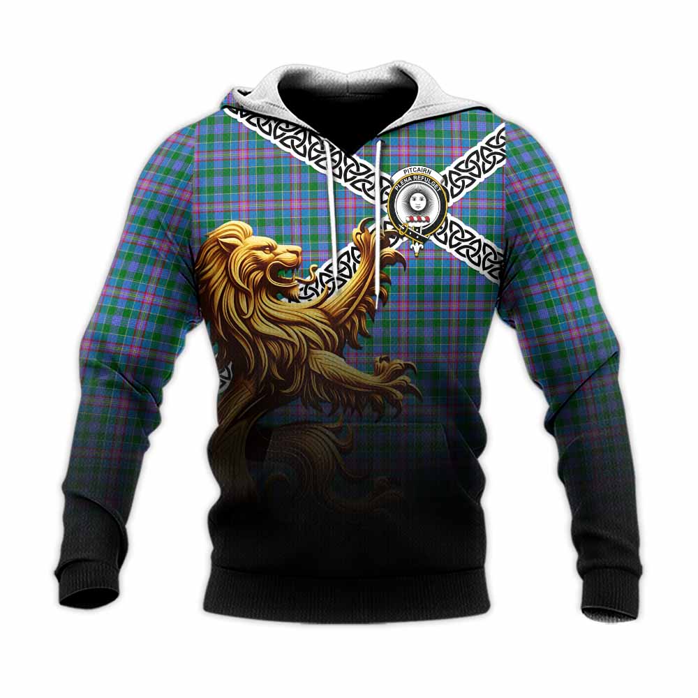 Pitcairn Crest Tartan Knitted Hoodie with Golden Lion Emblem Celtic Style Unisex Knitted Pullover Hoodie - Tartan Vibes Clothing
