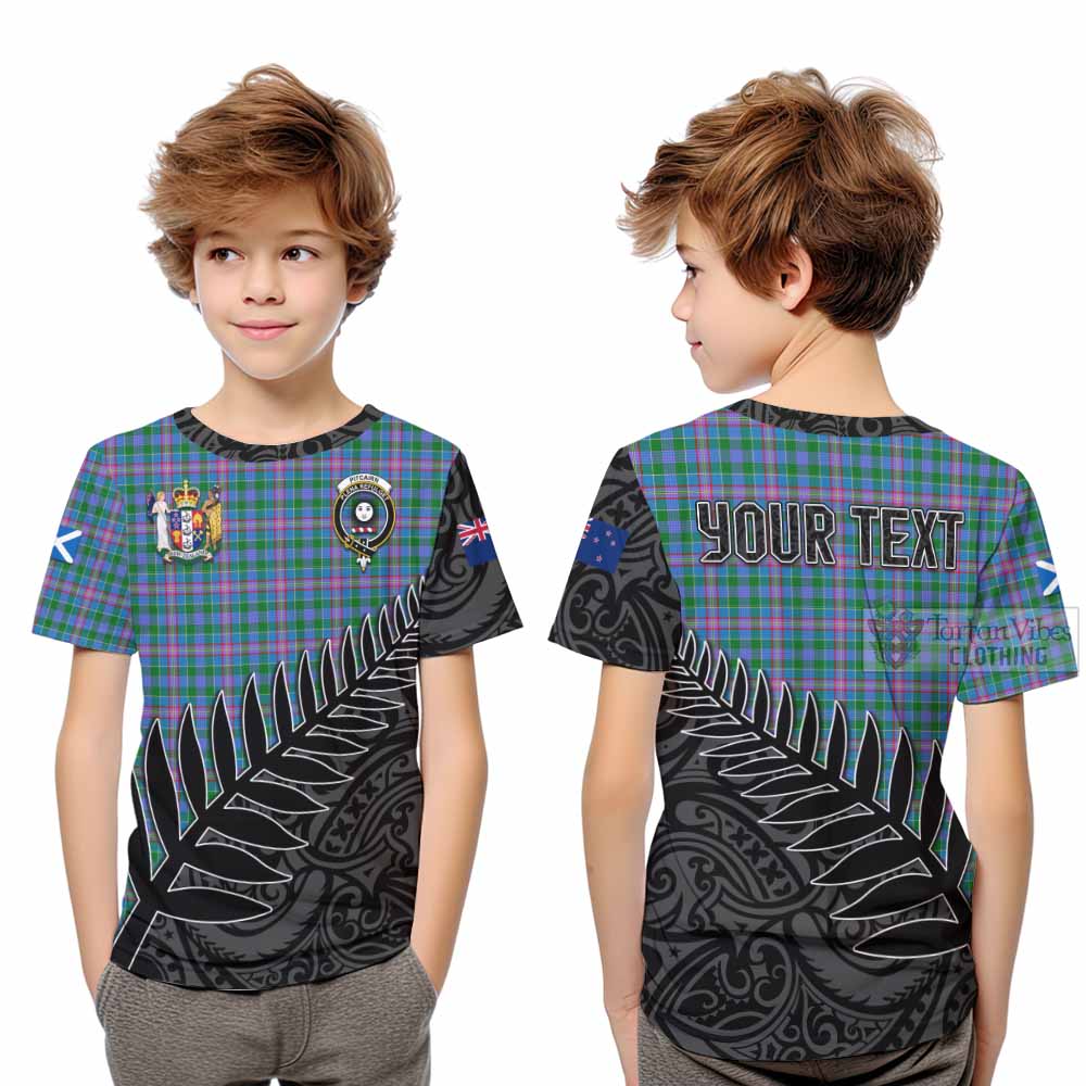 Tartan Vibes Clothing Pitcairn Crest Tartan Kid T-Shirt with New Zealand Silver Fern Half Style