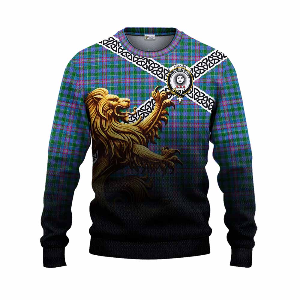 Pitcairn Crest Tartan Knitted Sweater with Golden Lion Emblem Celtic Style Unisex - Tartan Vibes Clothing