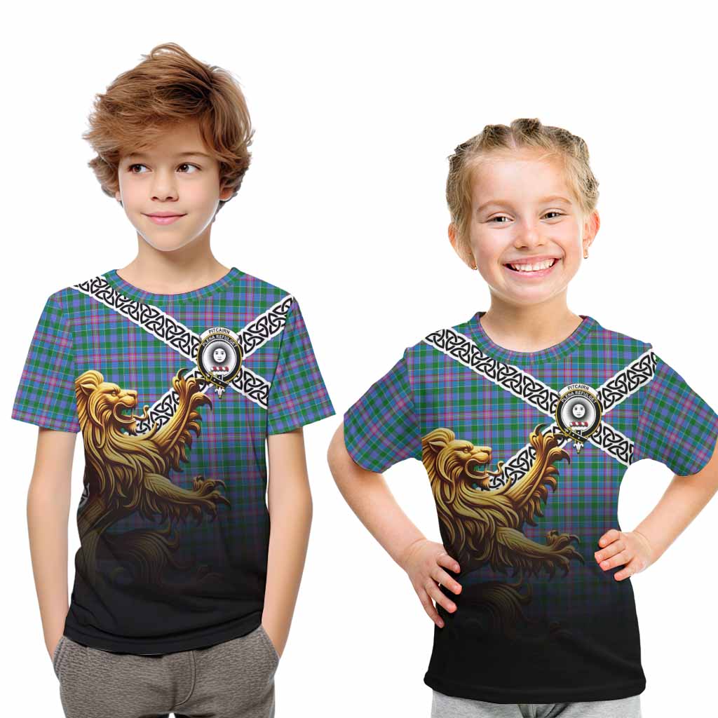 Pitcairn Crest Tartan Kid T-Shirt with Golden Lion Emblem Celtic Style Youth XL Size14 - Tartan Vibes Clothing