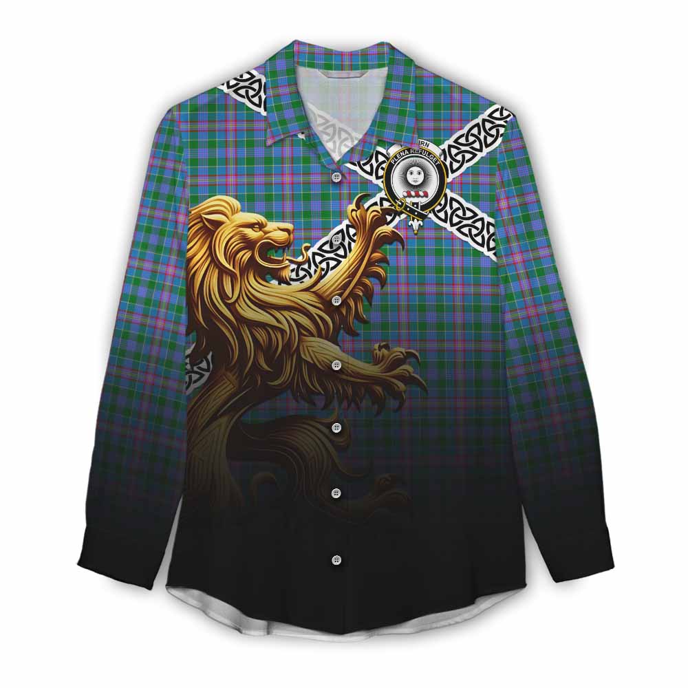 Pitcairn Crest Tartan Women's Casual Shirt with Golden Lion Emblem Celtic Style Female - Tartan Vibes Clothing