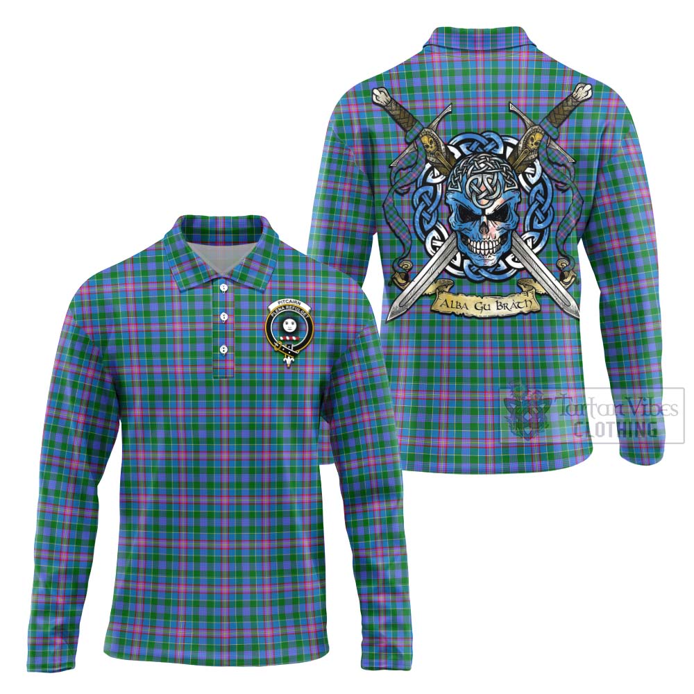 Pitcairn Tartan Long Sleeve Polo Shirt with Family Crest Celtic Skull Style Unisex - Tartan Vibes Clothing
