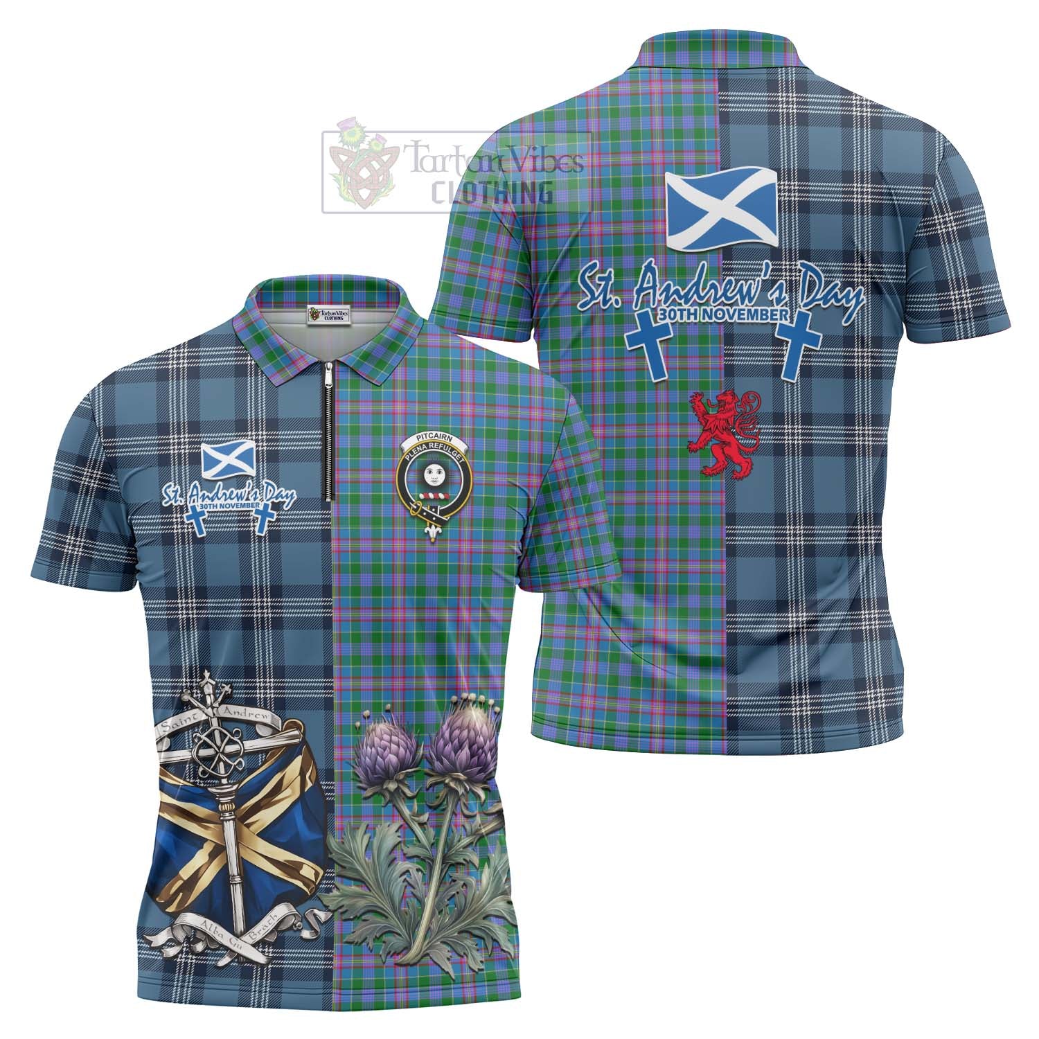 Pitcairn Tartan Zipper Polo Shirt Happy St. Andrew's Day Half Tartan Style Unisex - Tartan Vibes Clothing