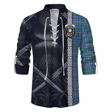 Pitcairn Tartan Ghillie Kilt Shirt with Family Crest Cross Sword Thistle Celtic Vibes Men - Tartan Vibes Clothing