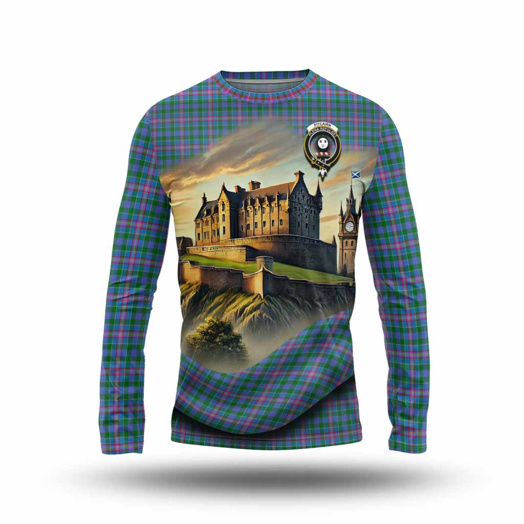 Pitcairn Tartan Family Crest Long Sleeve T-Shirt with Scottish Ancient Castle Style Unisex - Tartan Vibes Clothing