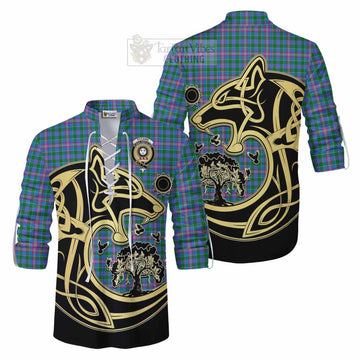 Pitcairn Tartan Ghillie Kilt Shirt with Family Crest Celtic Wolf Style Men - Tartan Vibes Clothing