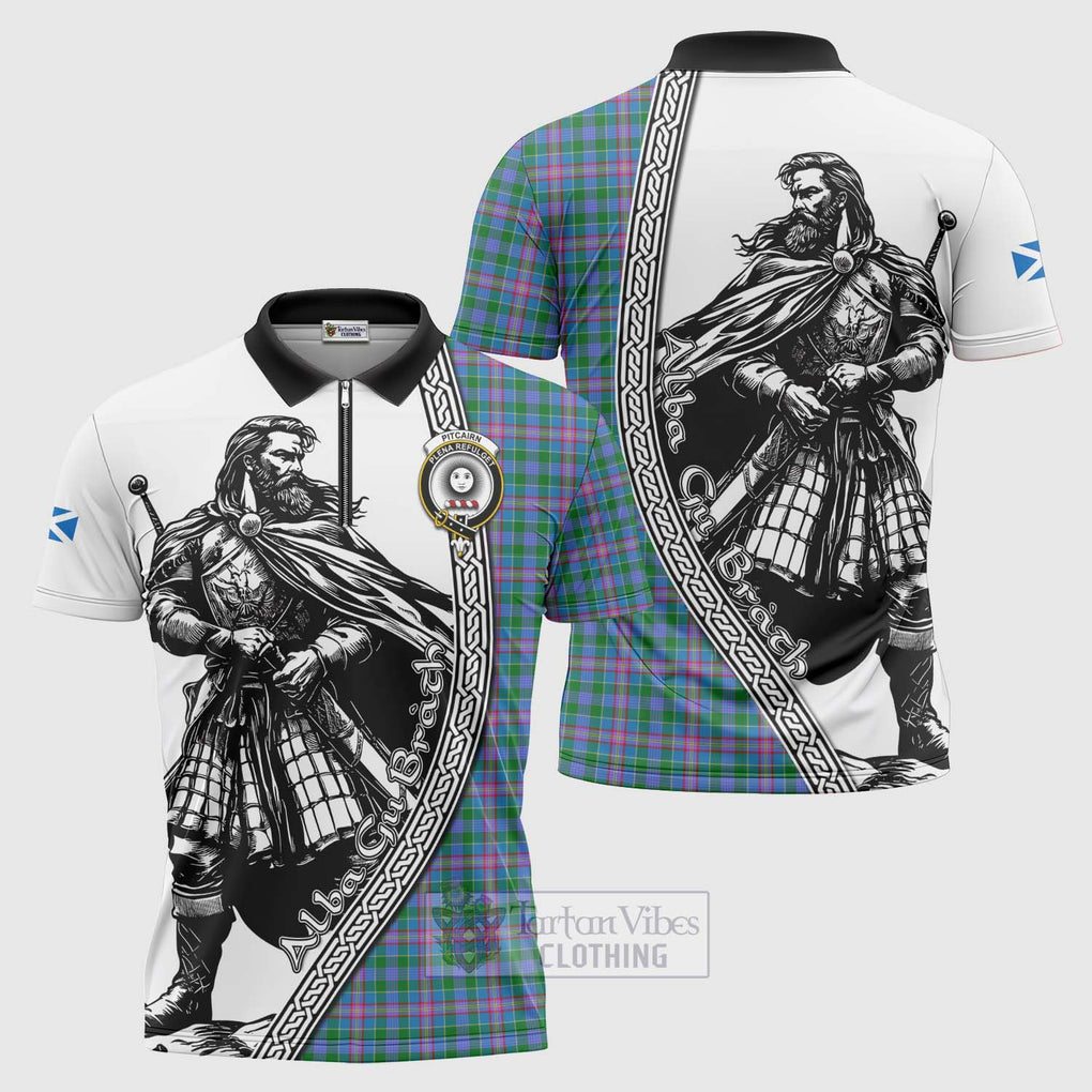 Pitcairn Tartan Clan Crest Zipper Polo Shirt with Highlander Warrior Celtic Style Unisex - Tartan Vibes Clothing