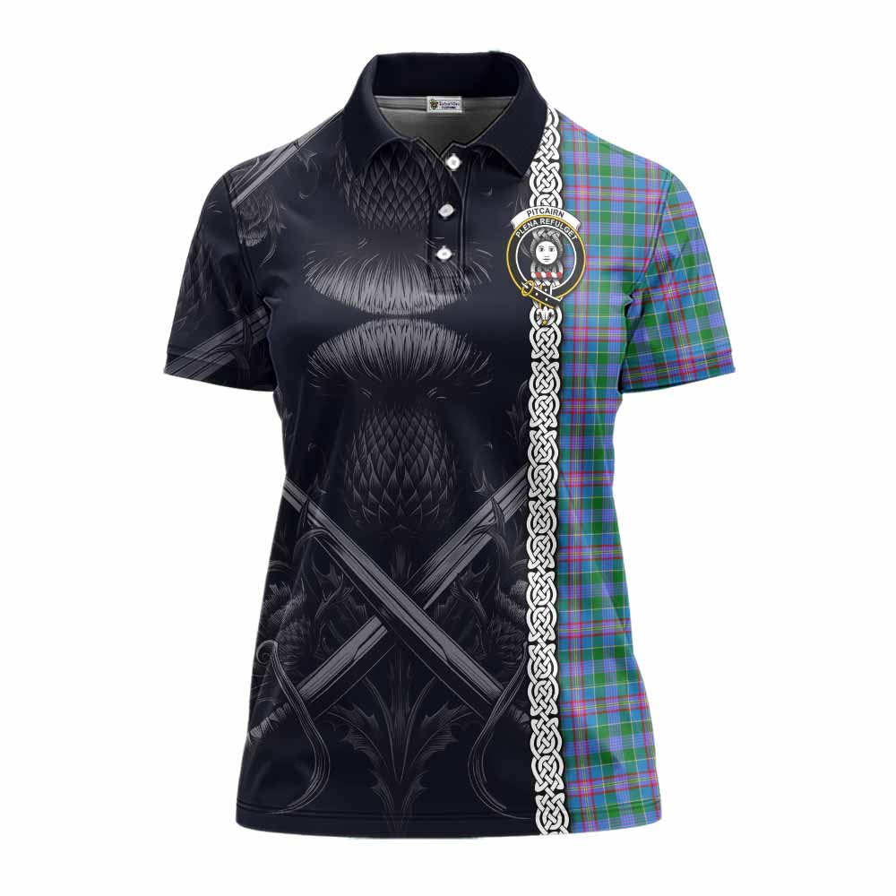 Pitcairn Tartan Women's Polo Shirt with Family Crest Cross Sword Thistle Celtic Vibes Women - Tartan Vibes Clothing