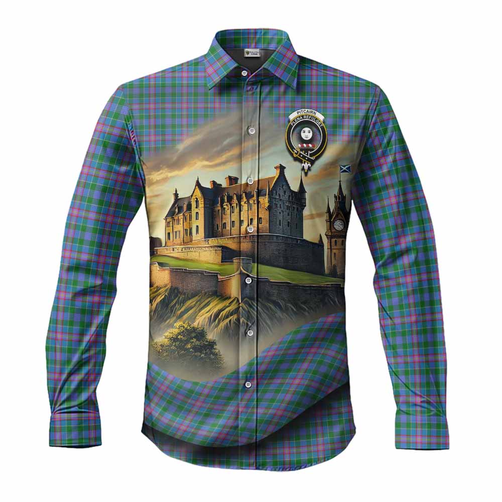 Tartan Vibes Clothing Pitcairn Tartan Family Crest Long Sleeve Button Shirt with Scottish Ancient Castle Style