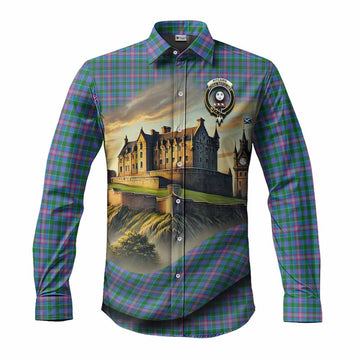 Tartan Vibes Clothing Pitcairn Tartan Family Crest Long Sleeve Button Shirt with Scottish Ancient Castle Style