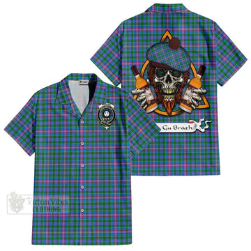Pitcairn Tartan Hawaiian Shirt with Family Crest and Bearded Skull Holding Bottles of Whiskey Kid - Tartan Vibes Clothing