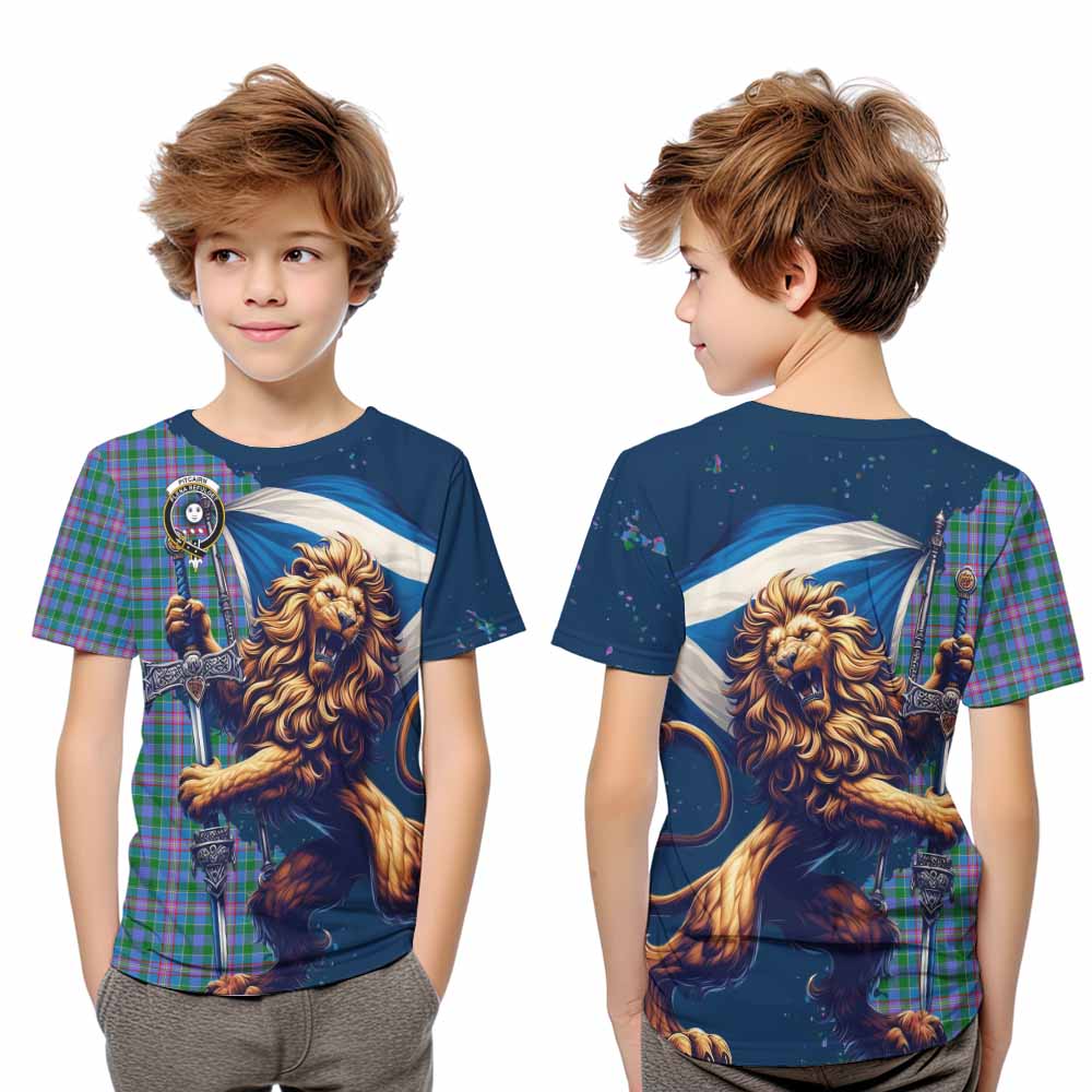 Pitcairn Tartan Family Crest Kid T-Shirt with Scottish Majestic Lion Youth XL Size14 - Tartan Vibes Clothing