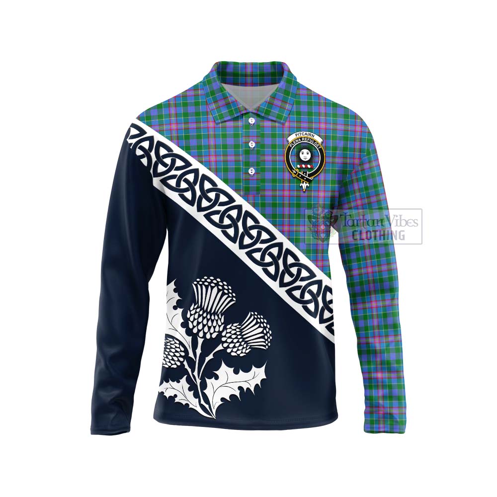 Pitcairn Tartan Long Sleeve Polo Shirt Featuring Thistle and Scotland Map Unisex - Tartan Vibes Clothing