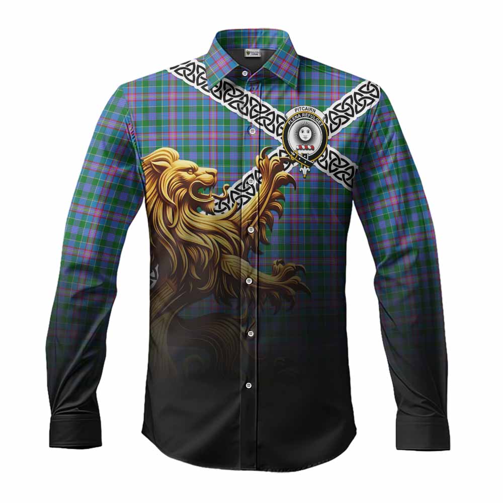 Pitcairn Crest Tartan Long Sleeve Button Shirt with Golden Lion Emblem Celtic Style Men's Shirt S - Tartan Vibes Clothing