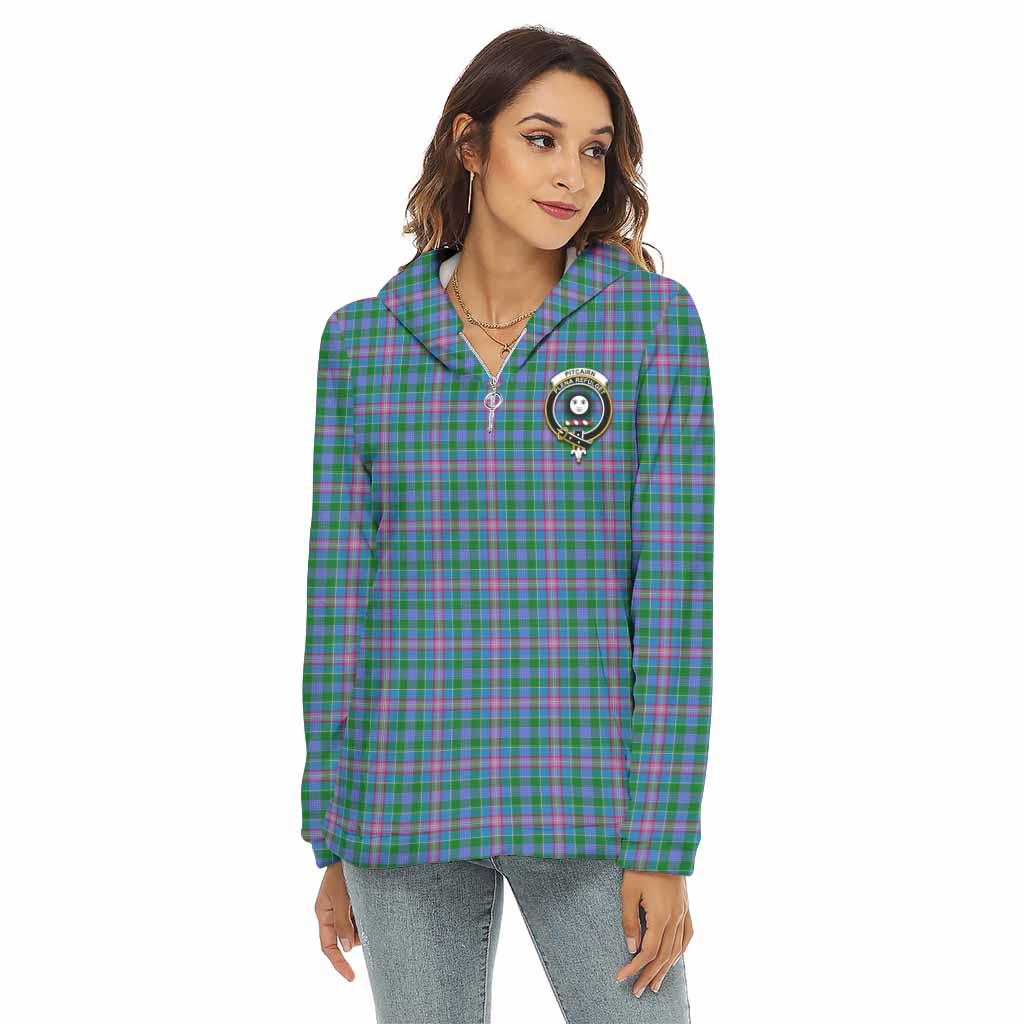 Pitcairn Tartan Women's Borg Fleece Hoodie with Half Zip with Family Crest Female - Tartan Vibes Clothing