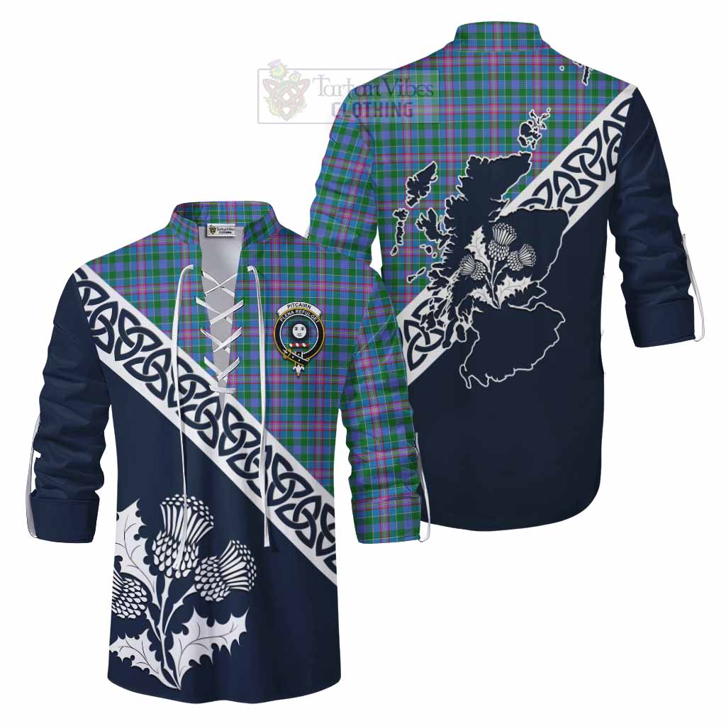 Pitcairn Tartan Ghillie Kilt Shirt Featuring Thistle and Scotland Map Men - Tartan Vibes Clothing