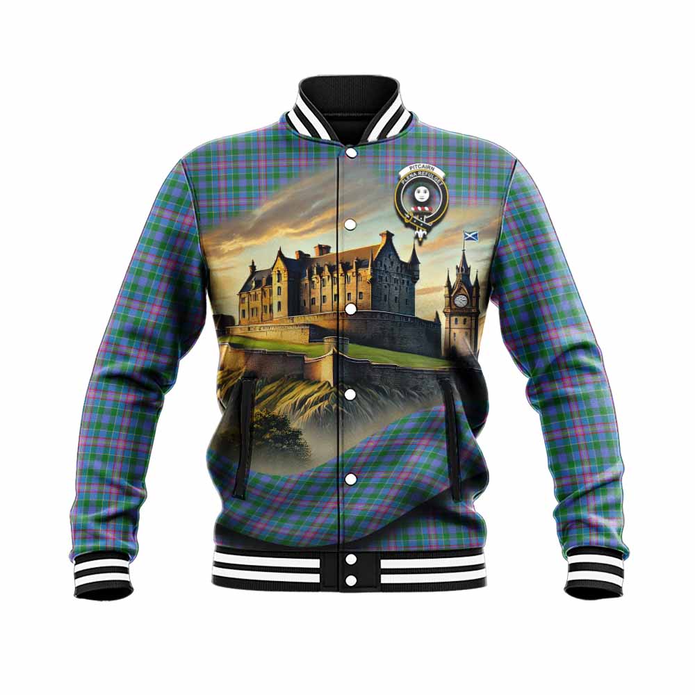 Pitcairn Tartan Family Crest Baseball Jacket with Scottish Ancient Castle Style Unisex - Tartan Vibes Clothing