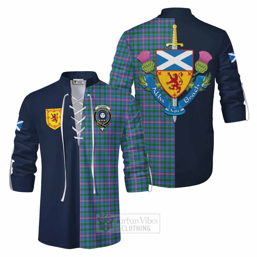 Pitcairn Tartan Ghillie Kilt Shirt Alba with Scottish Lion Royal Arm Half Style Men - Tartan Vibes Clothing