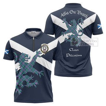 Pitcairn Tartan Lion Rampant Zipper Polo Shirt Proudly Display Your Heritage with Alba Gu Brath and Clan Name Unisex - Tartan Vibes Clothing
