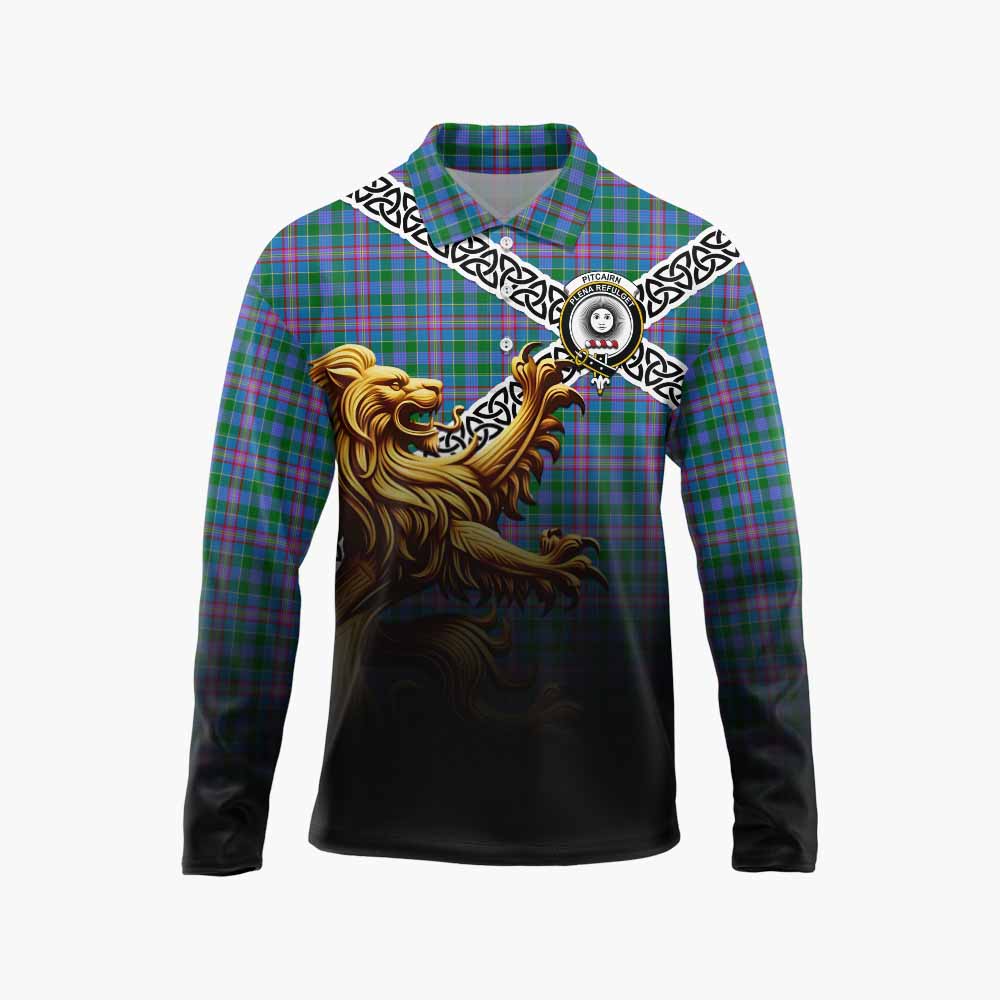Pitcairn Crest Tartan Long Sleeve Polo Shirt with Golden Lion Emblem Celtic Style Unisex - Tartan Vibes Clothing