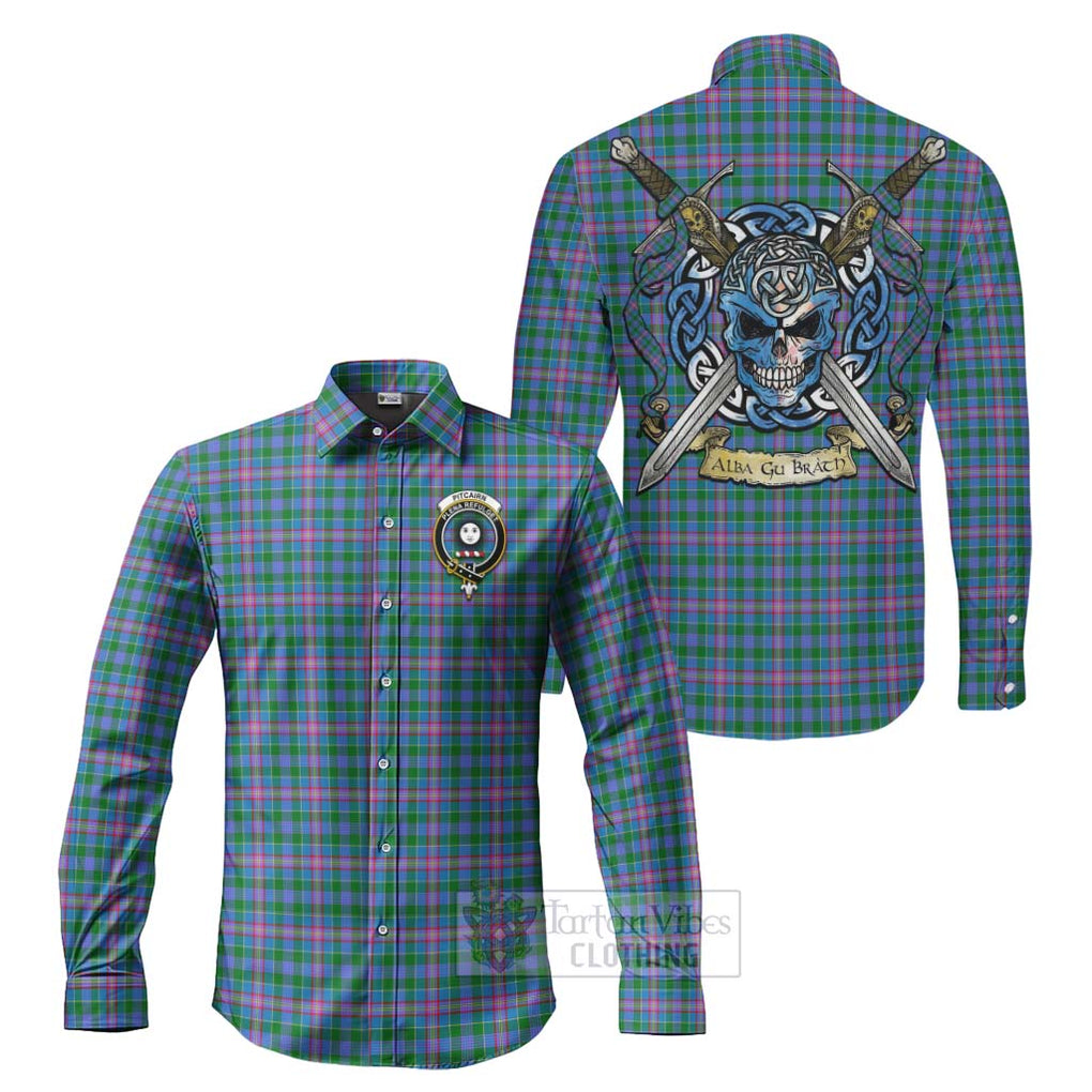 Pitcairn Tartan Long Sleeve Button Shirt with Family Crest Celtic Skull Style Men's Shirt S - Tartan Vibes Clothing