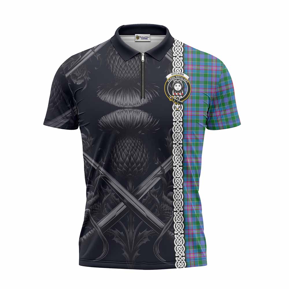 Pitcairn Tartan Zipper Polo Shirt with Family Crest Cross Sword Thistle Celtic Vibes Unisex - Tartan Vibes Clothing