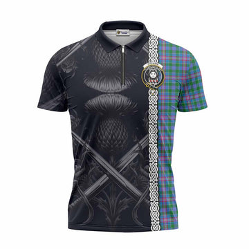 Pitcairn Tartan Zipper Polo Shirt with Family Crest Cross Sword Thistle Celtic Vibes Unisex - Tartan Vibes Clothing