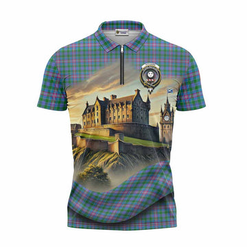 Pitcairn Tartan Family Crest Zipper Polo Shirt with Scottish Ancient Castle Style Unisex - Tartan Vibes Clothing