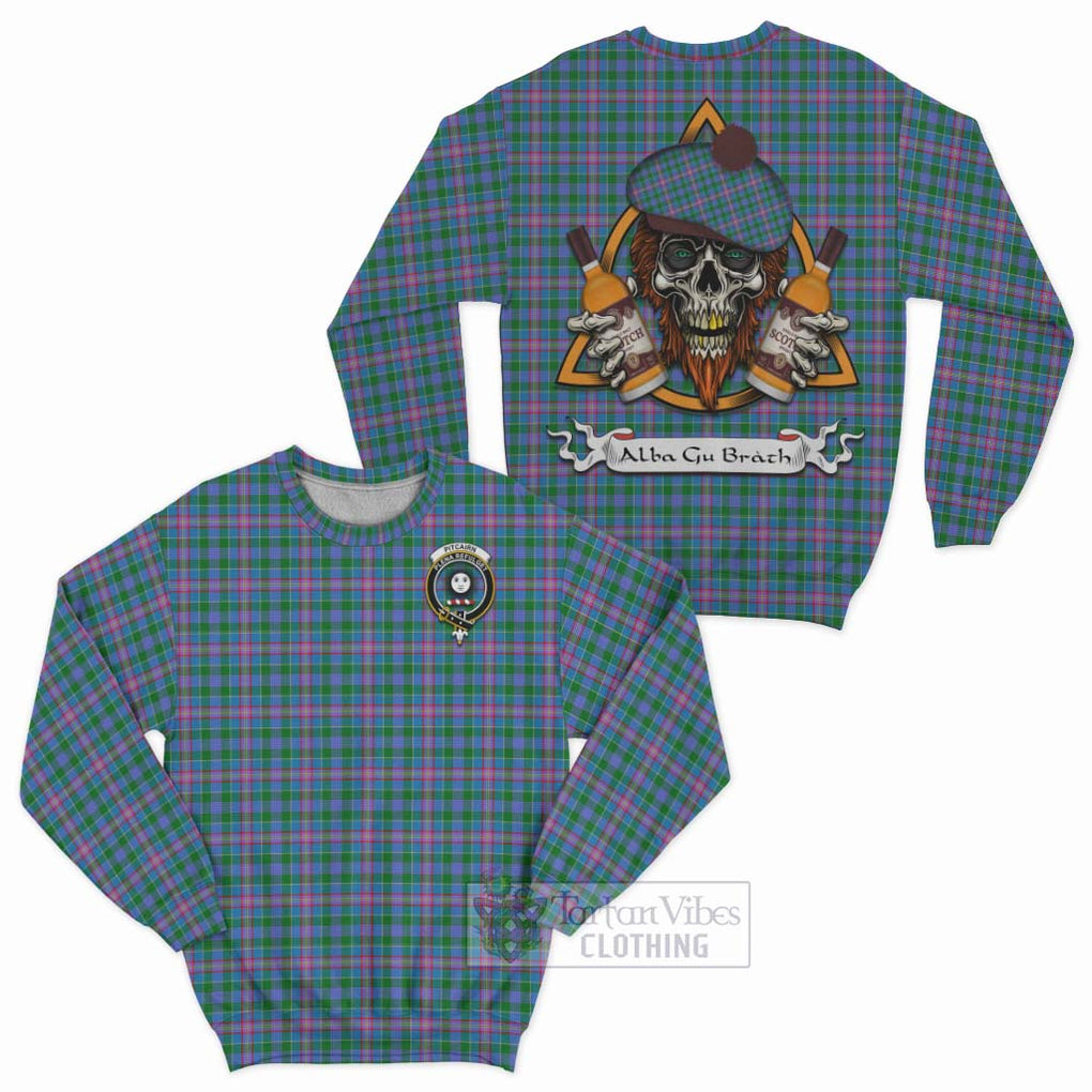 Pitcairn Tartan Sweatshirt with Family Crest and Bearded Skull Holding Bottles of Whiskey Unisex - Tartan Vibes Clothing