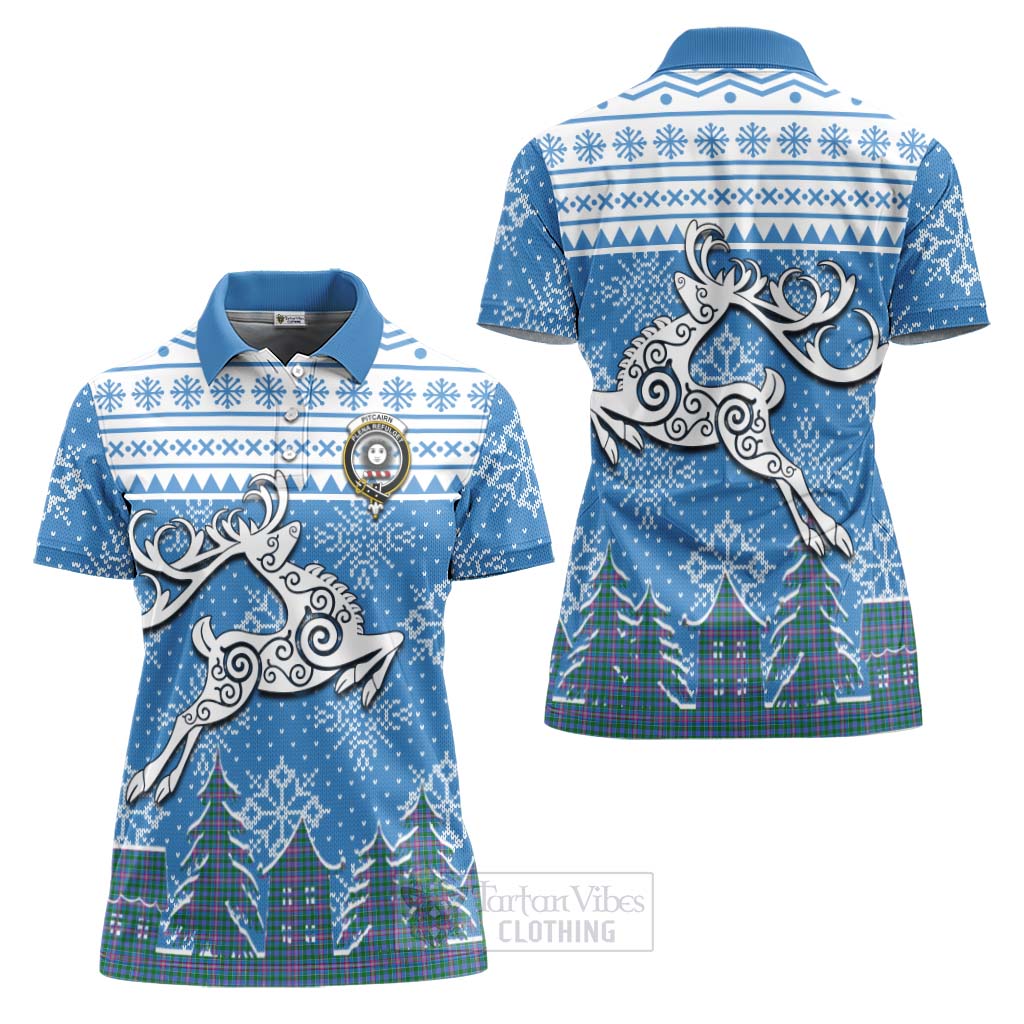 Pitcairn Clan Christmas Women's Polo Shirt Celtic Reindeer Style Women - Tartan Vibes Clothing