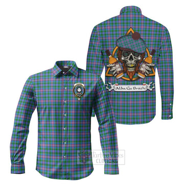Pitcairn Tartan Long Sleeve Button Shirt with Family Crest and Bearded Skull Holding Bottles of Whiskey Men's Shirt S - Tartan Vibes Clothing