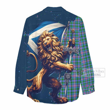 Pitcairn Tartan Family Crest Women's Casual Shirt with Scottish Majestic Lion - Tartan Vibes Clothing