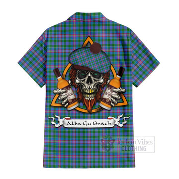 Pitcairn Tartan Hawaiian Shirt with Family Crest and Bearded Skull Holding Bottles of Whiskey - Tartan Vibes Clothing